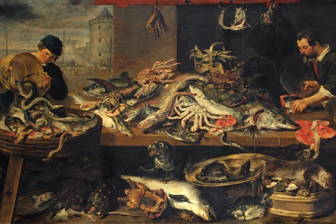 a Dutch Renaissance painting of a plethora of sea creatures, from crabs to sharks to seals, spread across a table and being examined by two men