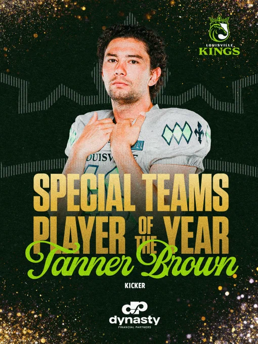 A football player from the Louisville Kings is awarded Special Teams Player of the Year. The festive design features gold and green text over a dark, glittery background.