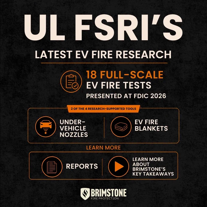 Informative graphic showcasing UL FSRI's latest electric vehicle fire research. Highlights tools and tests presented at FDIC 2026.