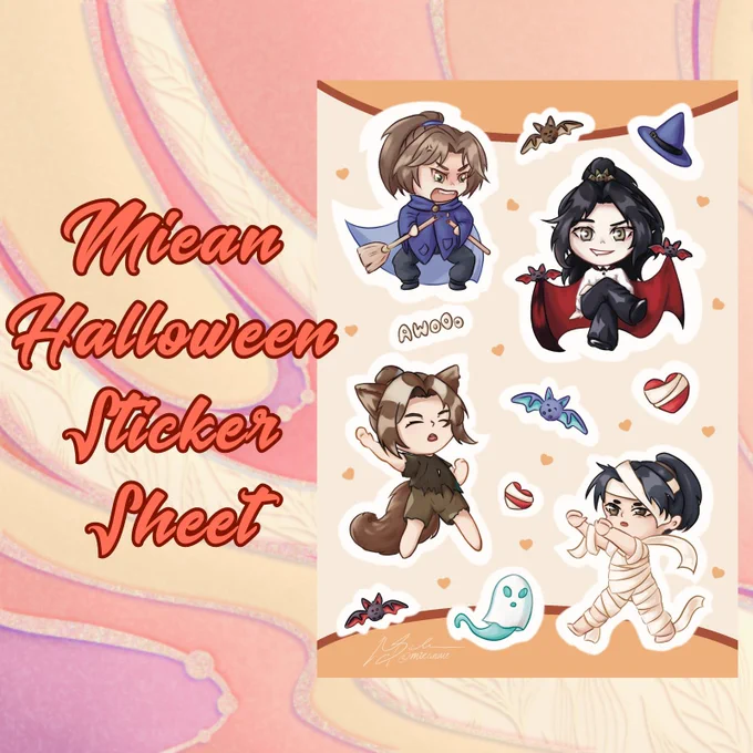 Background with swirly orange-ish colours. On the right side is a full preview of the item, and on the left in cursive orange letters the text Miean Halloween Sticker Sheet
