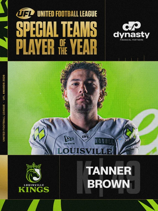 A promotional graphic featuring the United Football League's Special Teams Player of the Year, representing the Louisville Kings team. Bold and focused, with sponsorship branding.