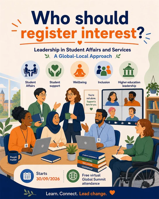 Illustrated register-interest graphic for Leadership in Student Affairs and Services: A Global-Local Approach, showing higher education professionals, an online cohort and a registration form.