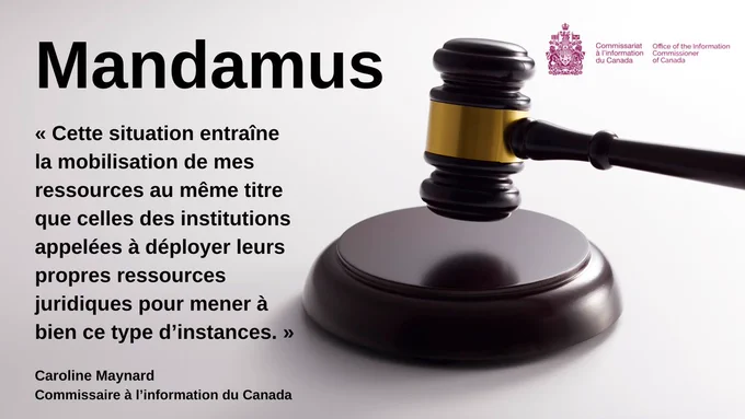 Un marteau de juge avec le mot « Mandamus » au premier plan, accompagné de l’image de marque du Commissariat à l’information du Canada. Citation de la Commissaire à l’information du Canada : « Cette situation entraîne la mobilisation de mes ressources au même titre que celles des institutions appelées à déployer leurs propres ressources juridiques pour mener à bien ce type d’instances. »
