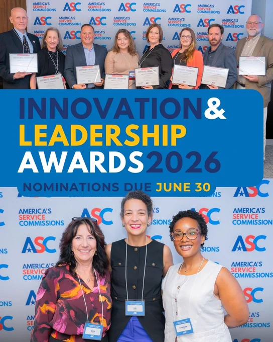 Group of people holding certificates stand together in front of a backdrop with "America's Service Commissions" logos. Beneath, a banner reads "Innovation & Leadership Awards 2026" with "Nominations due June 30." Three individuals pose together in a separate photo below the banner.