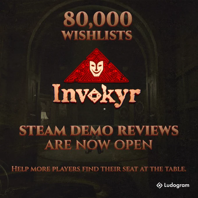 Promotional image for Invokyr celebrating 80,000 Steam wishlists, featuring the game logo over a dark collage of eerie in-game scenes.