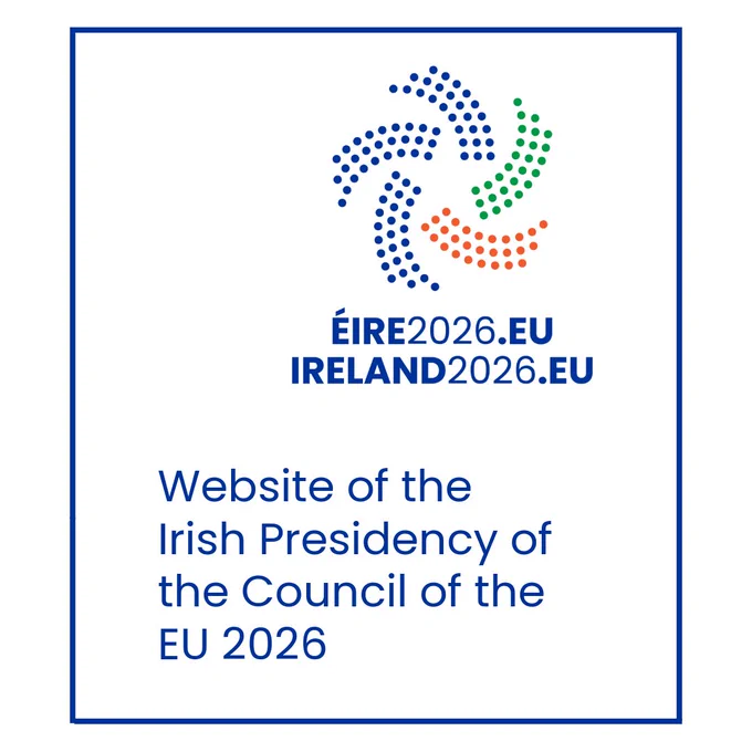 Visual displaying the text: "Website of the Irish Presidency of the Council of the EU 2026" alongside the Irish presidency logo.