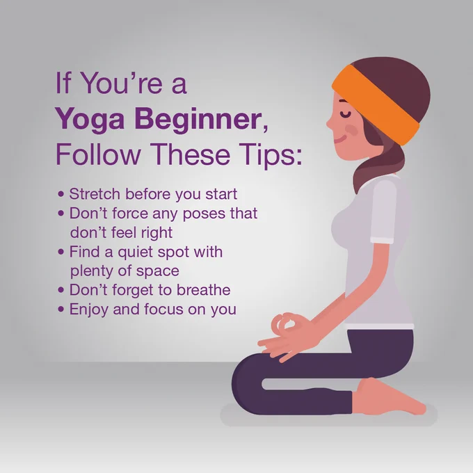Illustration of a person in a yoga pose with a list of tips for yoga beginners, including finding a quiet spot, simple poses and remembering to breathe.