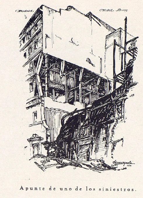 Grabado del Hotel Savoy. Memoria del Comité de Reforma, Reconstrucción y Saneamiento de Madrid, 1937-1938, BNE