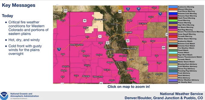 Red Flag Warnings issued for both eastern and western Colorado. 