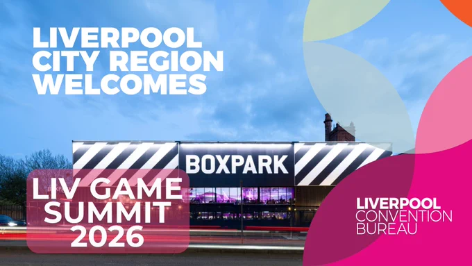 Promotional graphic showing BOXPARK Liverpool at dusk with light trails from passing traffic in the foreground. Large white text reads “LIVERPOOL CITY REGION WELCOMES,” with a pink overlay banner stating “LIV GAME SUMMIT 2026.” On the right, colourful abstract shapes frame the “LIVERPOOL CONVENTION BUREAU” logo.