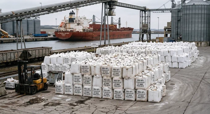 A port scene featuring a cargo ship and stacks of fertilizer bags labeled 'UREA 46%'. The industrial setting includes silos and a forklift.