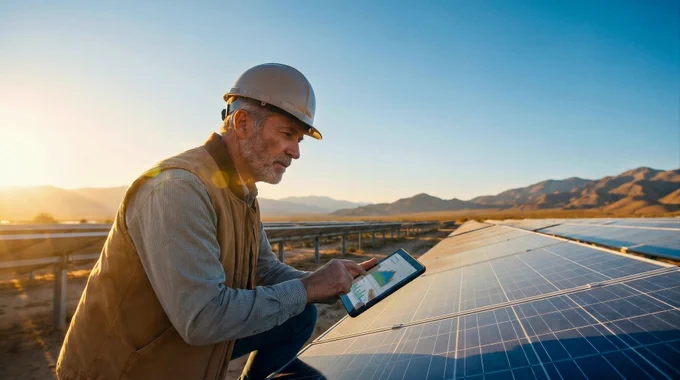 A man in a hard hat inspects data on a tablet computer next to solar panels at sunset.