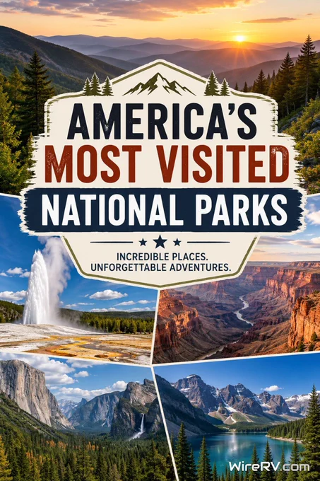 America's most visited national parks with mountains, canyons, forests, and geysers.
