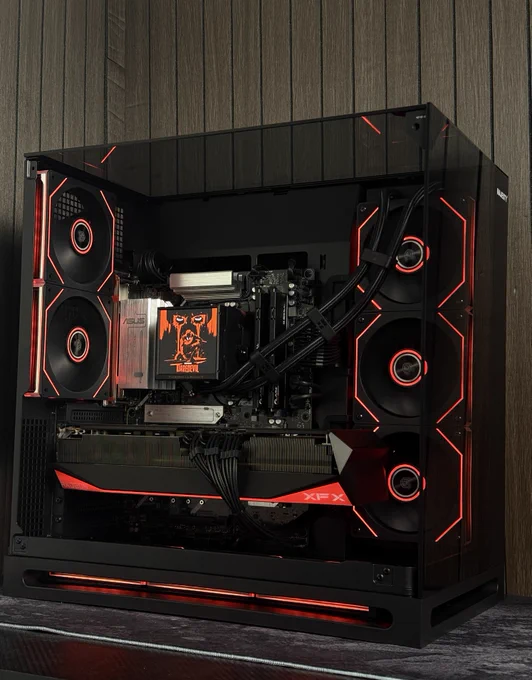 Ryzen 7 7800X3D
XFX Mercury RX 9070 XT 16GB OC
Asus B650E Max Gaming WiFi 
DDR5 32GB G.Skill X5 Flare 6000mhz cl36
1TB Crucial P510 Gen 5 11000MB/s
Thermalright Peerless Vision 360mm
Corsair RM850E 
Majesty Falcon X