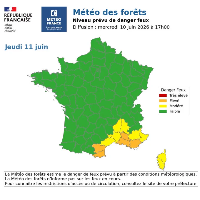 Jeudi 11 juin Pyrénées orientales, Aude, Vaucluse, Bouches du Rhône et Var en niveau élévé de danger feux