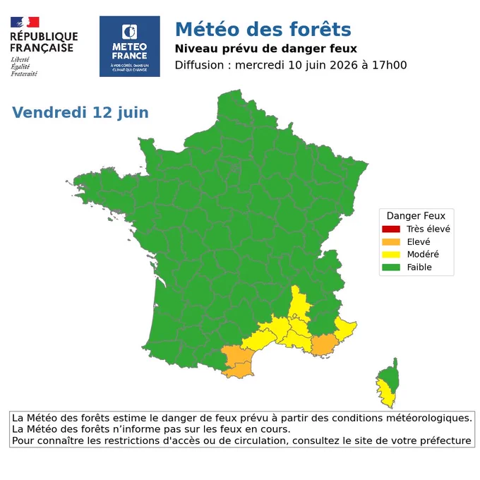 Vendredi 12 juin, Pyrénées Orientales, Aude et Var  en niveau élevé de danger feux