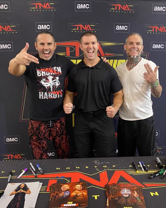 Independent professional wrestler Mathias with Matt Hardy and Jeff Hardy at TNA impact Pro Wrestling