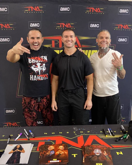 Independent professional wrestler Mathias with Matt Hardy and Jeff Hardy at TNA impact Pro Wrestling