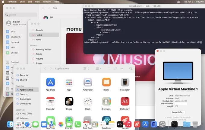 Desktop screenshot of macOS 27 Developer Beta 1 with Liquid Glass disabled.