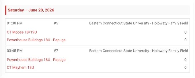 Powerhouse Bulldogs 18U schedule for 6/6/26
