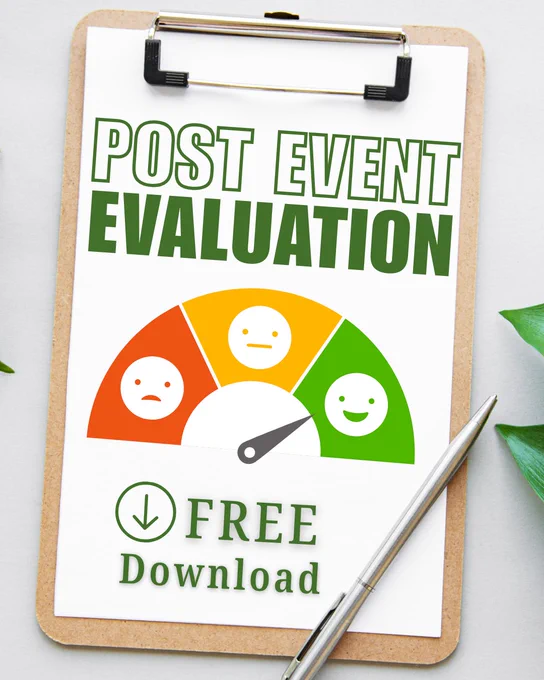 A clipboard with a post-event evaluation form featuring a satisfaction scale and download offer. The image includes green and natural tones, creating a professional and inviting atmosphere.