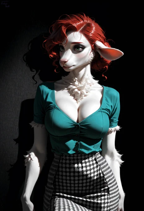 An anthro white sheep woman with red curly hair and green eyes stands in dramatic side lighting against a dark background. She wears a teal buttoned top and a black-and-white houndstooth skirt, with the strong light casting a deep shadow behind her.