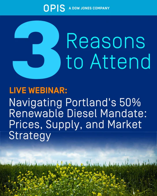Promotional image for a live webinar by OPIS, a Dow Jones Company, titled "Navigating Portland's 50% Renewable Diesel Mandate: Prices, Supply, and Market Strategy." The design features a large number three, a meadow with wildflowers in the foreground, and a blue sky.