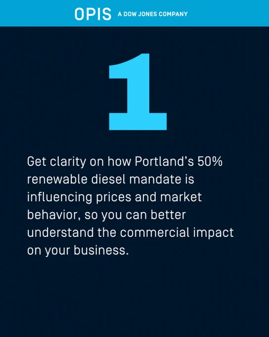 A graphic with a large number 1 at the top. Below, text reads: "Get clarity on how Portland’s 50% renewable diesel mandate is influencing prices and market behavior, so you can better understand the commercial impact on your business." At the top, it says, "OPIS A Dow Jones Company."
