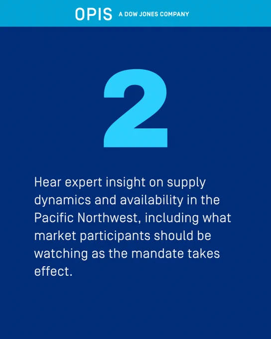 A blue and white graphic from OPIS, a Dow Jones company, features a large number 2. Below, there is text about expert insight on supply dynamics and availability in the Pacific Northwest, noting the importance for market participants as a mandate takes effect.