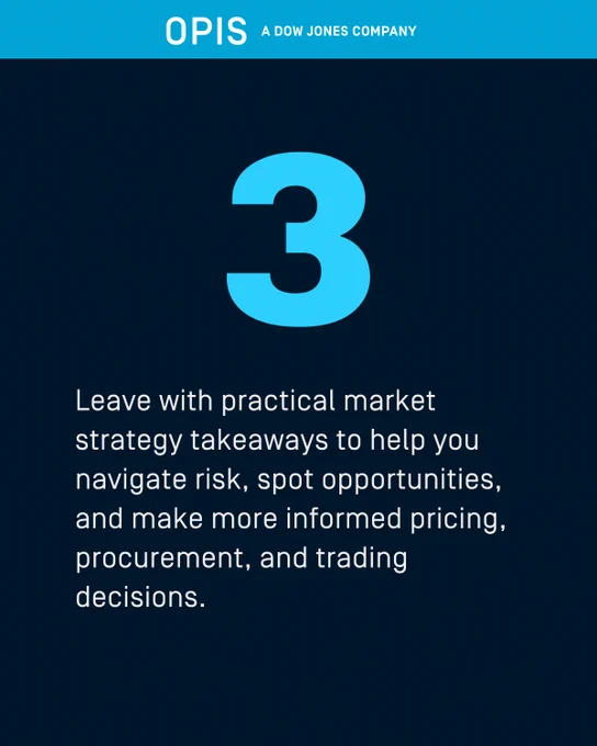 Number 3 highlighted on a dark background with the text: "Leave with practical market strategy takeaways to help you navigate risk, spot opportunities, and make more informed pricing, procurement, and trading decisions." The text header includes "OPIS, A Dow Jones Company.