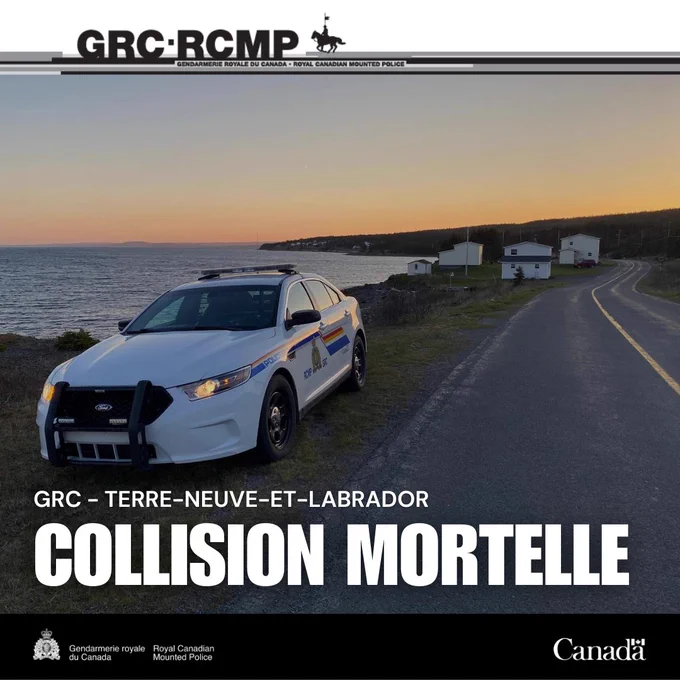 Photo d’une voiture de police sur le bord de la route, près de la mer, avec un coucher de soleil en arrière-plan.
Les mots « COLLISION MORTELLE » et « GRC – TERRE-NEUVE-ET-LABRADOR » figurent sur l'image.
