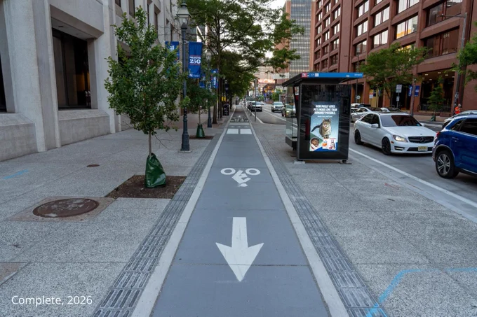 Renovated bike lane on Market Street in Old City, Philadelphia.