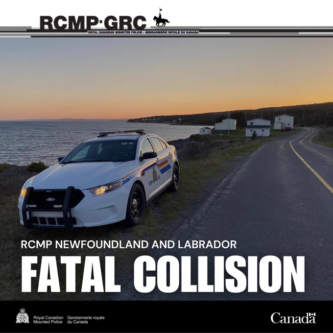 A photo of a police car pulled over on the side of the road near the ocean. The sun is setting in the background. The words "FATAL COLLISION" and "RCMP NEWFOUNDLAND AND LABRADOR" are on the image.