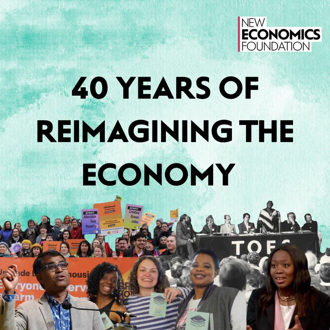 Image shows multiple photos from NEF events spliced together. Text reads "40 years of reimagining the economy."