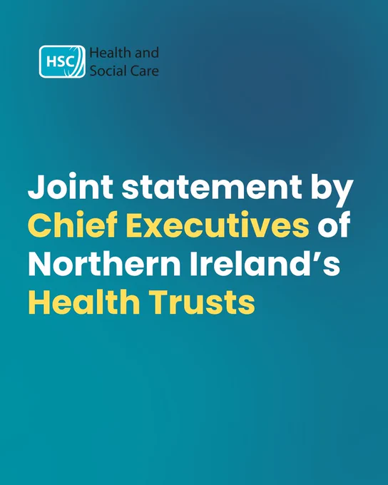 A teal background graphic featuring the Health and Social Care (HSC) logo in the top left corner. The logo consists of a white rounded rectangle with “HSC” inside, followed by the words “Health and Social Care” in black text. Below, large bold text reads “Joint statement by Chief Executives of Northern Ireland’s Health Trusts,” with “Chief Executives” and “Health Trusts” highlighted in yellow and the remaining text in white. The layout is clean and centred, with strong contrast between the text colours and background.
Alt text (on-image text):
HSC Health and Social Care
Joint statement by Chief Executives of Northern Ireland’s Health Trusts