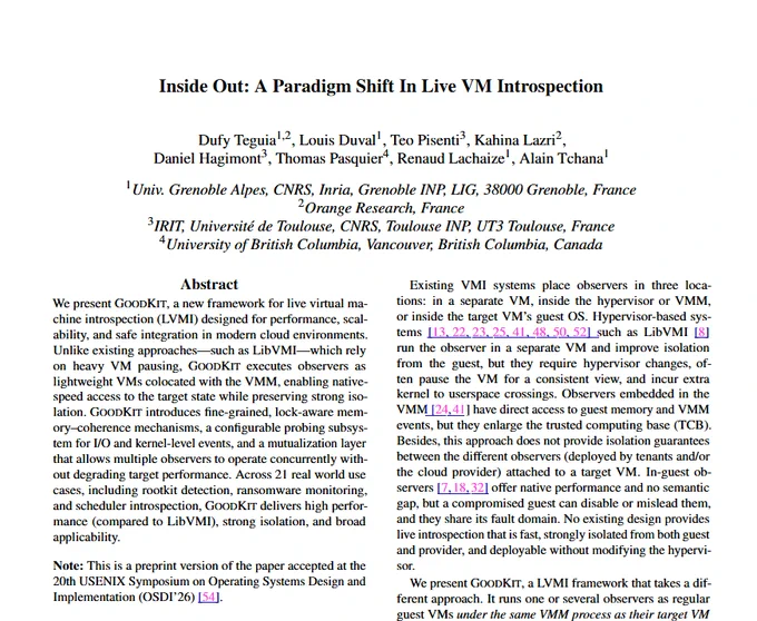 This the top of the first page of a research paper on a new framework for live VM introspection.