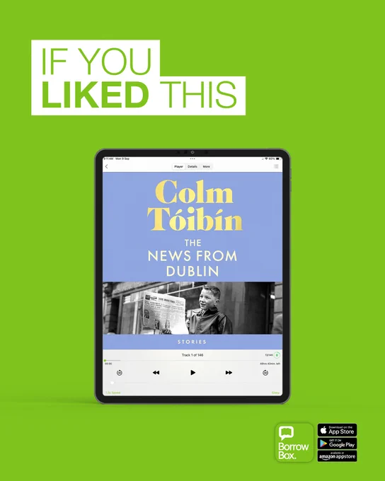 Tablet screen showing audiobook cover of Colm Tóibín's The News from Dublin with a black and white photo of a boy reading a newspaper.