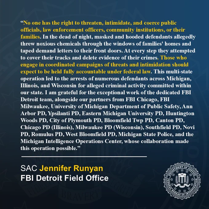 SAC Runyan statement regarding "Department of Justice indicts eight conspirators who threatened University of Michigan officials, businesses, and the Jewish Federation."