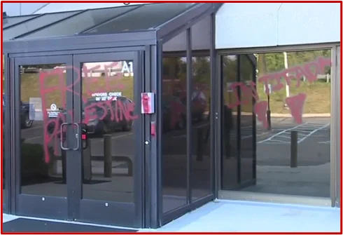 Photo of the alleged threats spray-painted on the Jewish Federation Building on the one-year anniversary of the October 7, 2023, Hamas terrorist attacks in Israel. 