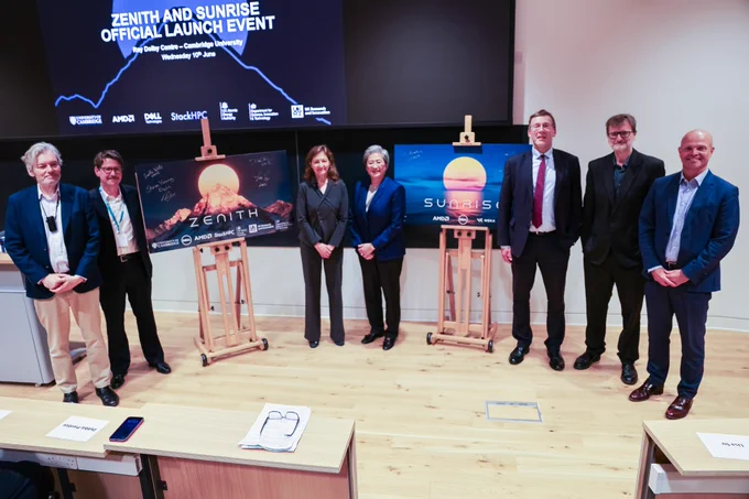 A group of people stand in a conference room, posing in front of two posters on easels with the titles "Zenith" and "Sunrise". The background displays a sign with the text "Zenith and Sunrise Official Launch Event" and a group of logos.