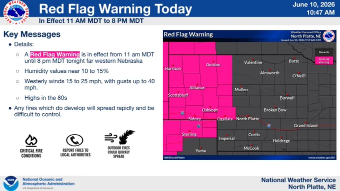 The image shows a map with western Nebraska highlighted in bright fuchsia to show areas in the Red Flag Warning. The Red Flag Warning is in effect from 11am MDT until 8 pm MDT today.  