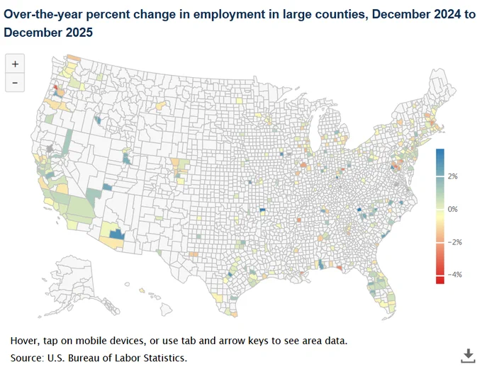 Map showing over-the-year percent change in employment in large counties, December 2024 to December 2025.