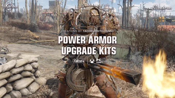 A character in Power Armor from the video game Fallout 4, equipped with a multi-barrel gun, stands amidst a post-apocalyptic landscape. Text overlay: 'CREATIONS BY TACOBURRITOCHIMIC POWER ARMOR UPGRADE KITS, available for FALLOUT 4 on PC and XBOX.'