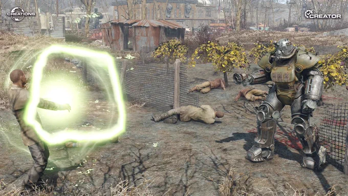 A post-apocalyptic scene featuring a male character casting a green energy spell towards a large, armored robotic figure. The background has ruined structures and fallen figures on the ground, amidst barren vegetation.