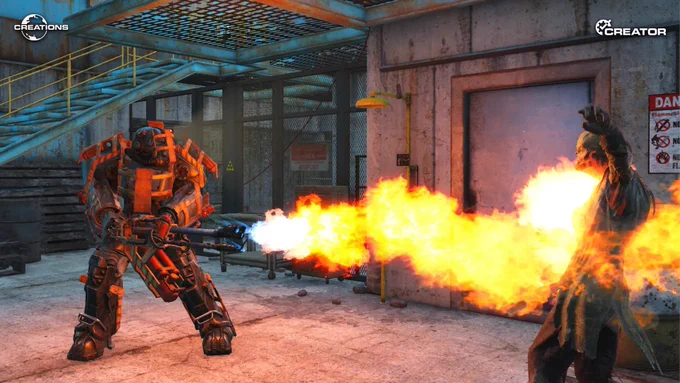 A robotic figure in orange and black armor aims a flamethrower at a humanoid figure standing in a warehouse. Flames burst from the weapon, illuminating the scene, while the background features industrial elements like stairs and warning signs.