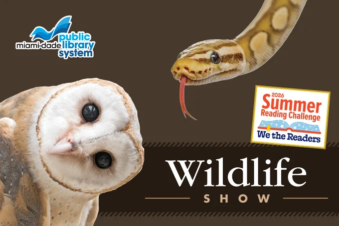 A barn owl with bright white facial feathers and dark eyes, next to a patterned snake flicking its red tongue. Text: Wildlife Show.