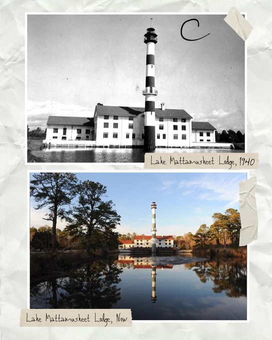Image showing two photographs of Lake Mattamuskeet Lodge.

Top photo: A black-and-white image from 1940 depicts Lake Mattamuskeet Lodge and its distinctive vertical structure, set against a clear sky.

Bottom photo: A recent color image shows the same Lake Mattamuskeet Lodge surrounded by trees, with a reflection in the water below.