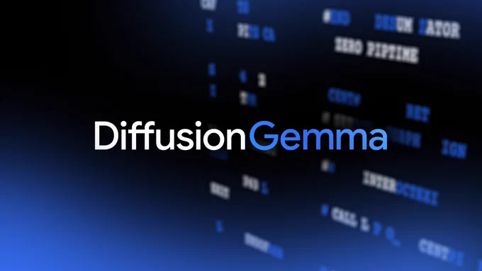 "DiffusionGemma" text in white and light blue. The background shows blurred technical data on a dark blue gradient.
