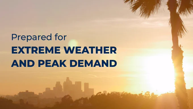 An image of the city of los angels with the sunsetting over the ocean and a palm tree in the foreground on what look slike a hot day with text that reads "Prepared for Extreme weather and peak demand"