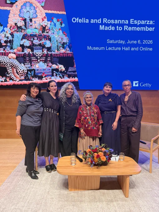From left to right, Stavroula Golfomitsou, Conservation Institute's head of Collections, Ellen Moody, conservator, Rosanna Esparza, Ofelia Esparza, Laleña Vellanoweth, and jill moniz, consulting arts programmer.